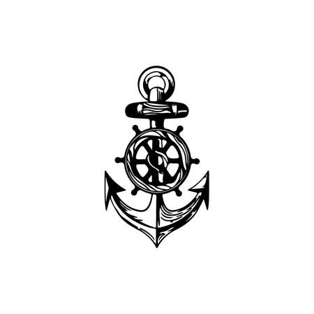 Ship steering wheel and anchor. Black icon, logo element, flat vector illustration isolated on white background.のイラスト素材