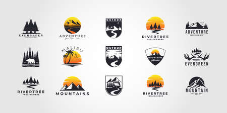 set bundle mountain bundle mountain adventure outdoor landscape logo vector set illustration design collection, camping, wild, life, style, hobby, sportのイラスト素材