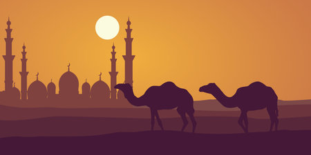 islamic poster, Desert, caravan of camels. Vector illustration.のイラスト素材