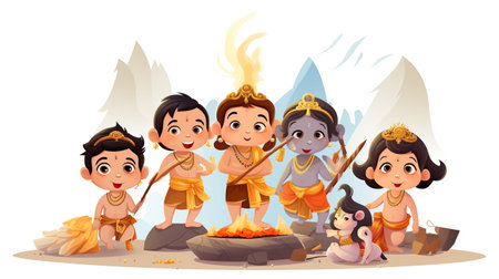 Ramayana story cartoon characters isolated white background. AI generated imageの素材