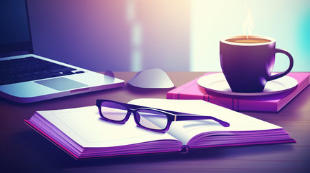 Desk with laptop,note pad, pen, Coffee Cup, eyeglasses, isolated purple background. AI generatedの素材
