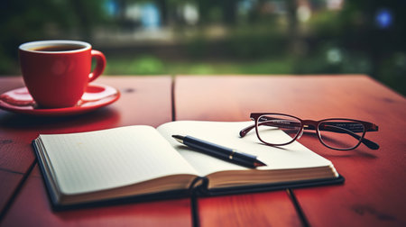 Desk with laptop,note pad, pen, Coffee Cup, eyeglasses, isolated red background . AI generatedの素材