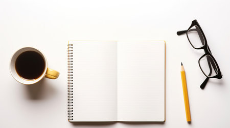 Desk with laptop,note pad, pen, Coffee Cup, eyeglasses, isolated white background . AI generatedの素材