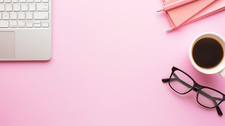 Desk with laptop,note pad, pen, Coffee Cup, eyeglasses, isolated pink background . AI generatedの素材