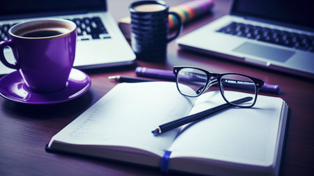 Desk with laptop,note pad, pen, Coffee Cup, eyeglasses, isolated purple background. AI generatedの素材