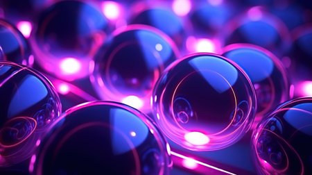 Illuminated 3d glass transparent sphere purple blue holographic background.AI generated imageの素材