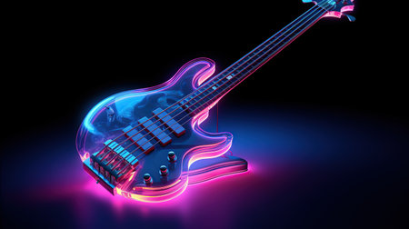 Guitar on illuminated neon light background. AI generated imageの素材