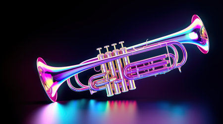 Trumpet on illuminated neon light background. AI generated imageの素材