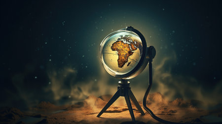 Vintage old globe on wooden desk with warm light isolated background. AI generated imageの素材