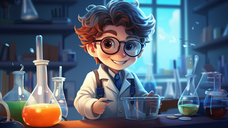 Cute cartoon scientist working on colorful liquids test tube analysis.AI generated imageの素材