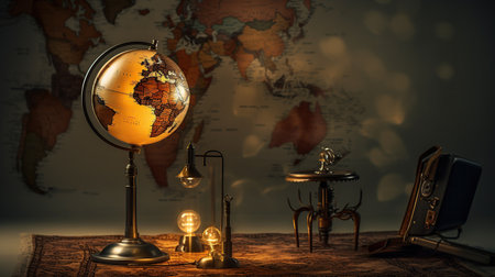 Vintage old globe with light bulb warm light isolated background. AI generated imageの素材