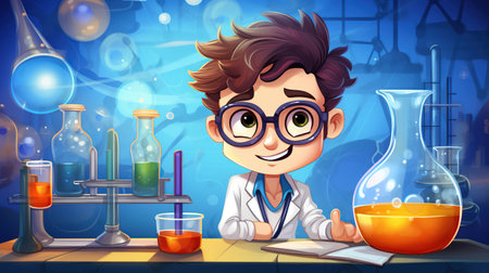Cute cartoon scientist working on colorful liquids test tube analysis.AI generated imageの素材
