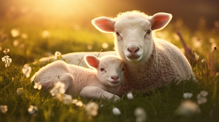 Lamb and her mother sheep on the meadow on a sunset view. AI generated imageの素材