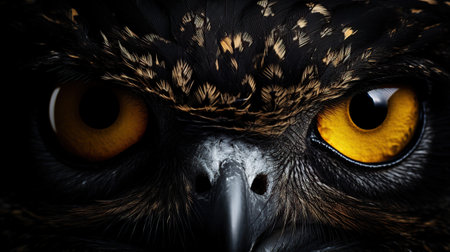 Close up view of wild owl isolated on black background. AI generated imageの素材
