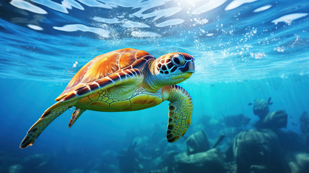 Turtle cruising clean blue sea. AI generated imageの素材