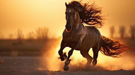 Beautiful black horse galloping in the field at sunset. AI generated imageの素材