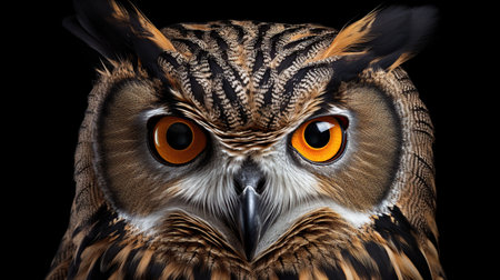 Close up view of wild owl isolated on black background. AI generated imageの素材