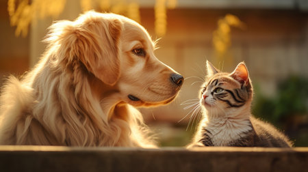 Cat and dog sit down together isolated blur background. AI generated imageの素材