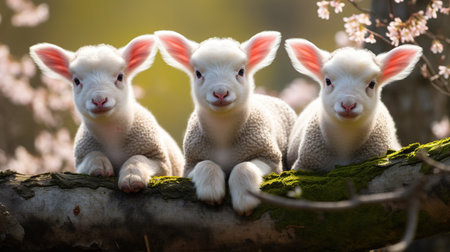 Animal lambs on the meadow on a sunset view. AI generated imageの素材