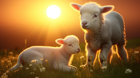 Lamb and her mother sheep on the meadow on a sunset view. AI generated imageの素材