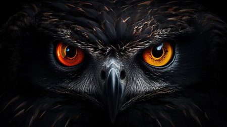 Close up view of wild owl isolated on black background. AI generated imageの素材