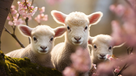 Animal lambs on the meadow on a sunset view. AI generated imageの素材