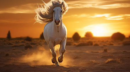 Beautiful black white galloping in the field at sunset. AI generated imageの素材