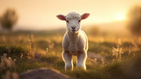 Lamb on the meadow on a sunset view. AI generated imageの素材