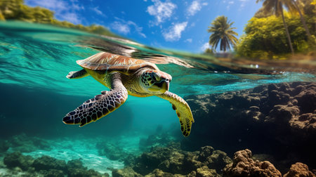 Turtle cruising clean blue sea. AI generated imageの素材