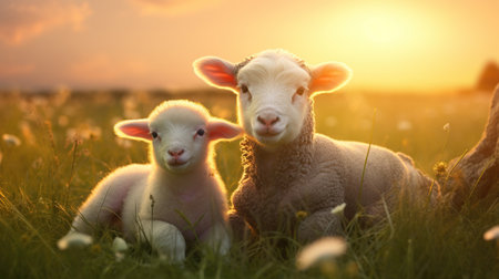 Lamb and her mother sheep on the meadow on a sunset view. AI generated imageの素材