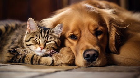 Cat and dog sit down together isolated blur background. AI generated imageの素材