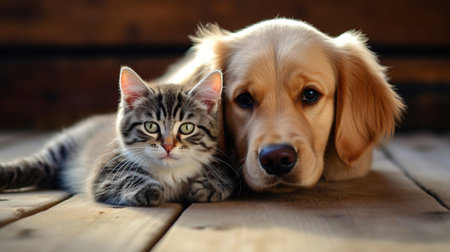 Cat and dog sit down together isolated blur background. AI generated imageの素材