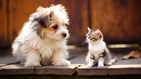 Cat and puppy sit down together isolated blur background. AI generated imageの素材