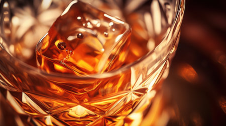 Glass of whiskey with ice cubes isolated on black background. AI generated imageの素材