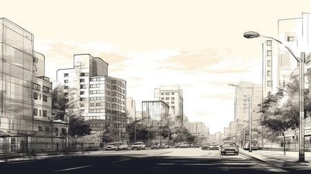 Urban city modern landscape. Hand drawn sketch.AI generated imageの素材