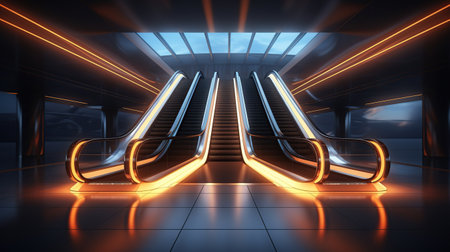 Futuristic escalator in office building with neon light. AI generated imageの素材