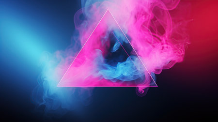 Empty triangle neon light with smoke background, AI generated imageの素材