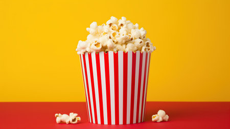 Striped red white box color with popcorn on yellow background. AI generated imageの素材
