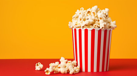 Striped red white box color with popcorn on yellow background. AI generated imageの素材