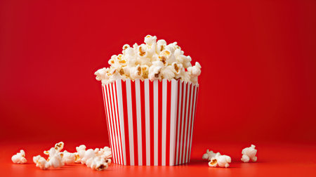 Striped red white box color with popcorn on red background. AI generated imageの素材