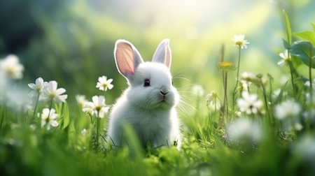 Beautiful white fluffy rabbit in green grass blurred background. AI generated imageの素材