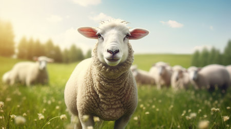 Lamb on the meadow on a sunset view. AI generated imageの素材