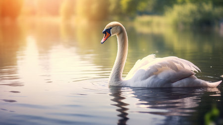 White Swan on the Lake nature blurred background. AI generated imageの素材
