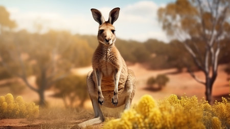 Gray kangaroo standing among long grass blurred background. AI generated imageの素材