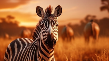 Beautiful zebra horse galloping in the field at sunset. AI generated imageの素材
