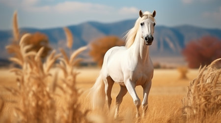 Beautiful white horse galloping in the field at sunset. AI generated imageの素材