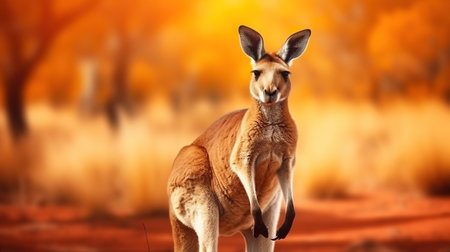 Gray kangaroo standing among long grass blurred background. AI generated imageの素材