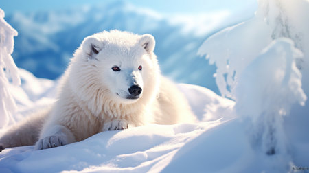 White Polar Bear on winter snow background. AI generated imageの素材
