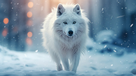 Wild white wolf in snow blurred background. AI generated imageの素材