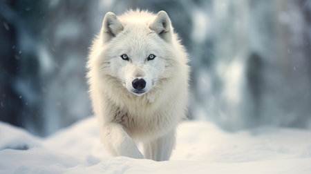Wild white wolf in snow blurred background. AI generated imageの素材